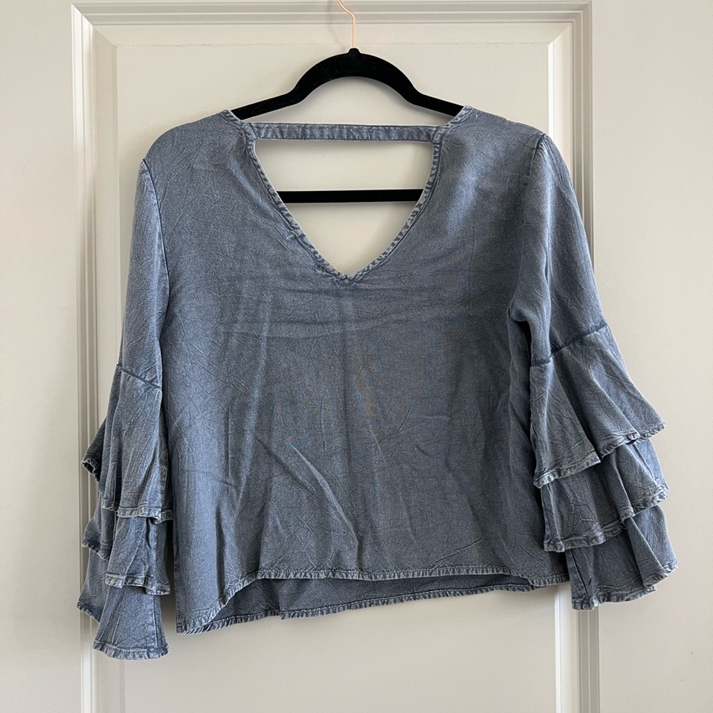 Denim Style Ruffle Sleeve Top - Picture 2 of 3
